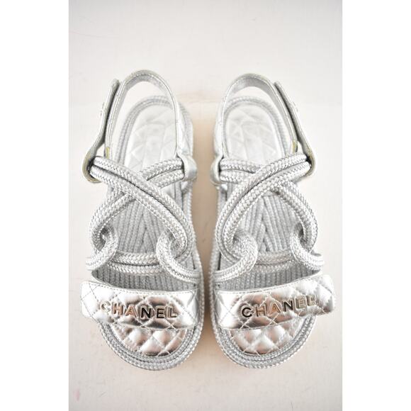 Chanel 20S Silver Cord Rope CC Logo Quilted Ankle Strap Teva Dad Sandal Flat 36 - Picture 11 of 16
